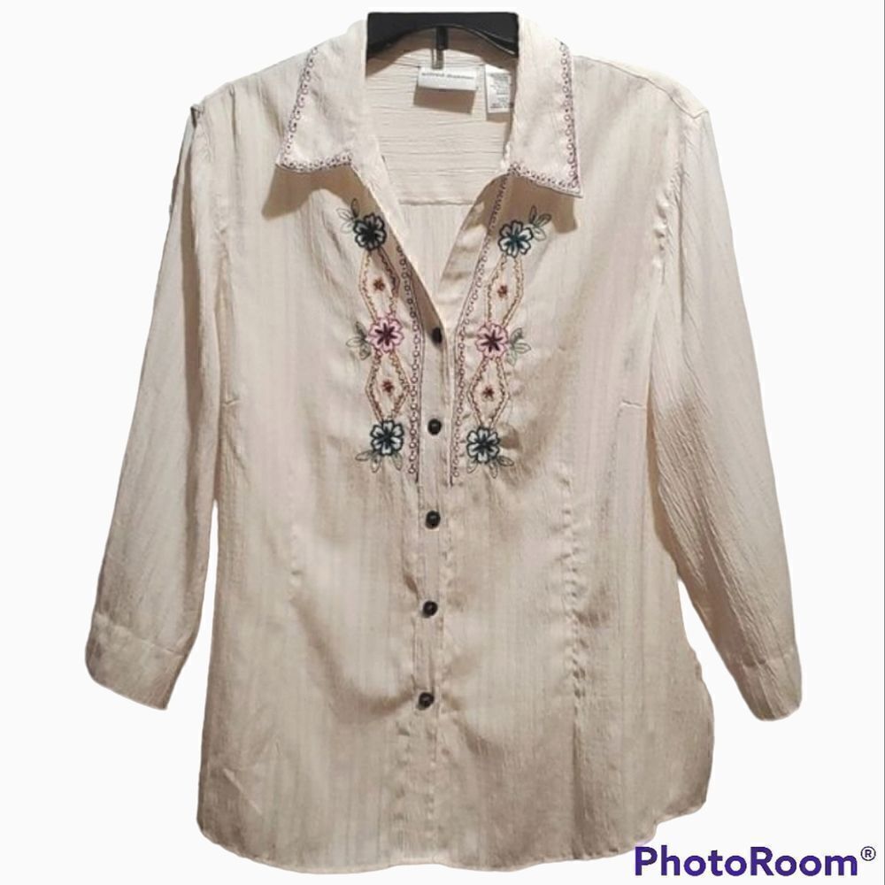 Alfred Dunner Embroidered Button Up Collared Long Sleeve Vintage Style Blouse 16